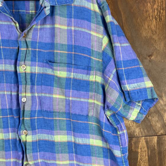 Scott Barber Mens Shirt Blue Plaid 100% Linen Short Sleeve Button Down Large - Picture 5 of 11
